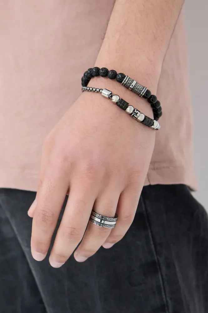 Stoere mannen armband met kralen - zwart/grijs - Image 2
